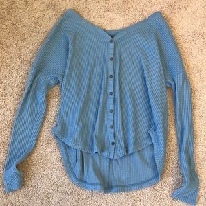 blue button up sweater
